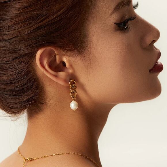 Baroque Freshwater Pearl Drop 18K Gold‎ Earrings Stainless Steel - Picture 3 of 13